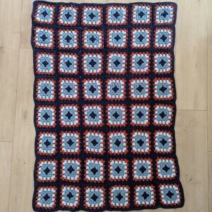 Handmade Crochet Granny Square Afghan Throw Blanket Blue Red 39 x 58 Diamond